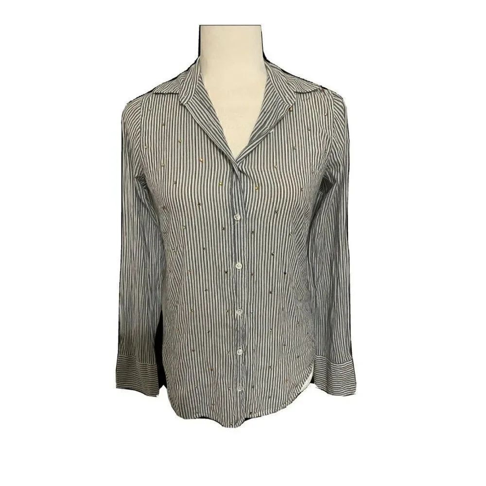 j crew perfect womens blue white striped rhinestone long sleeve top 00 Xxs